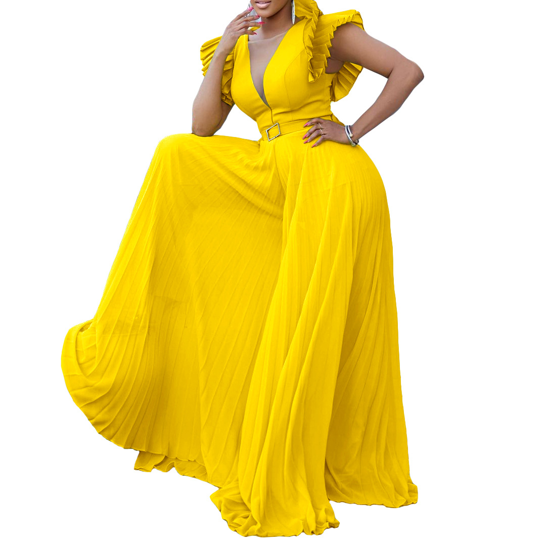 Women's Clothing sexy deep V pleated wide leg large size jumpsuit_voghion.com