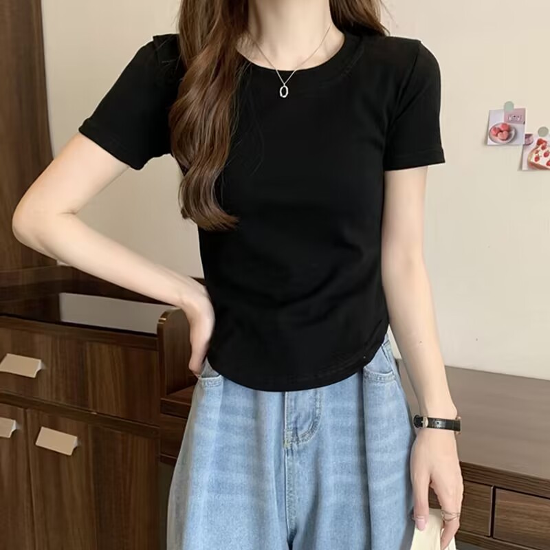 Threaded Cotton Short-sleeved Front Shoulder Crew Neck Solid Color T-shirt Women's Summer Hem Irregular Slim Versatile Top Basic_ecoleips.com