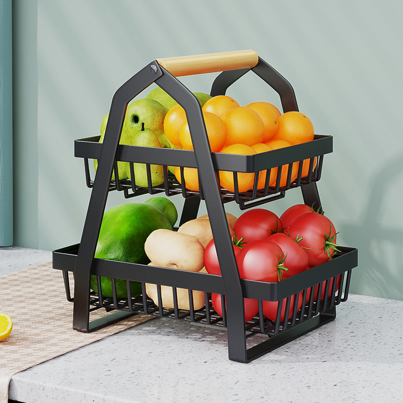Condimento transfronterizo de aperitivos de hierro cesta de verduras y frutas mesa de cocina cesta de almacenamiento estante de almacenamiento cesta de hierro portátil de doble capa