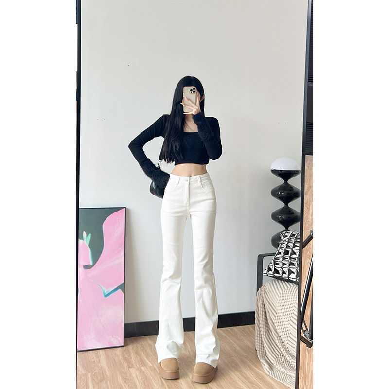 Spring and Autumn White High-Waisted Slim-Fit Stretchy Straight-Leg Flared Jeans for Tall Women