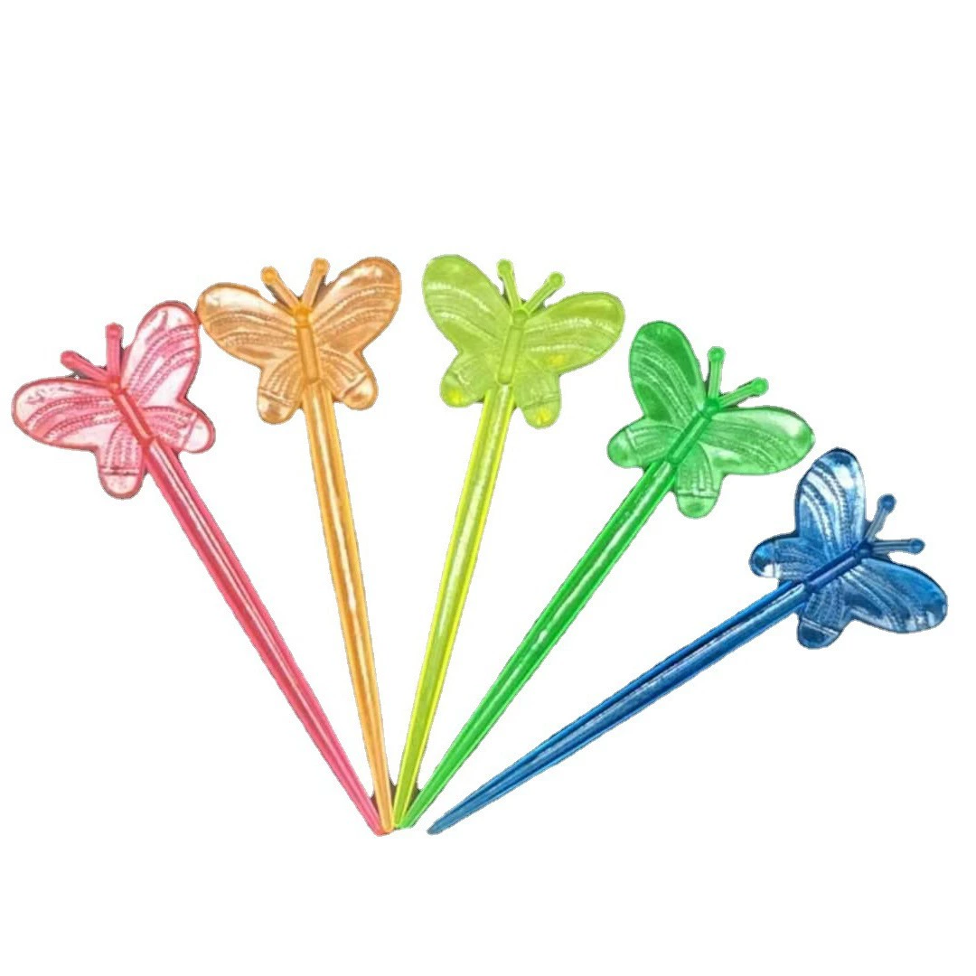 disposable plastic color fruit insertion butterfly fruit visa firebird cocktail party toothpick water fork