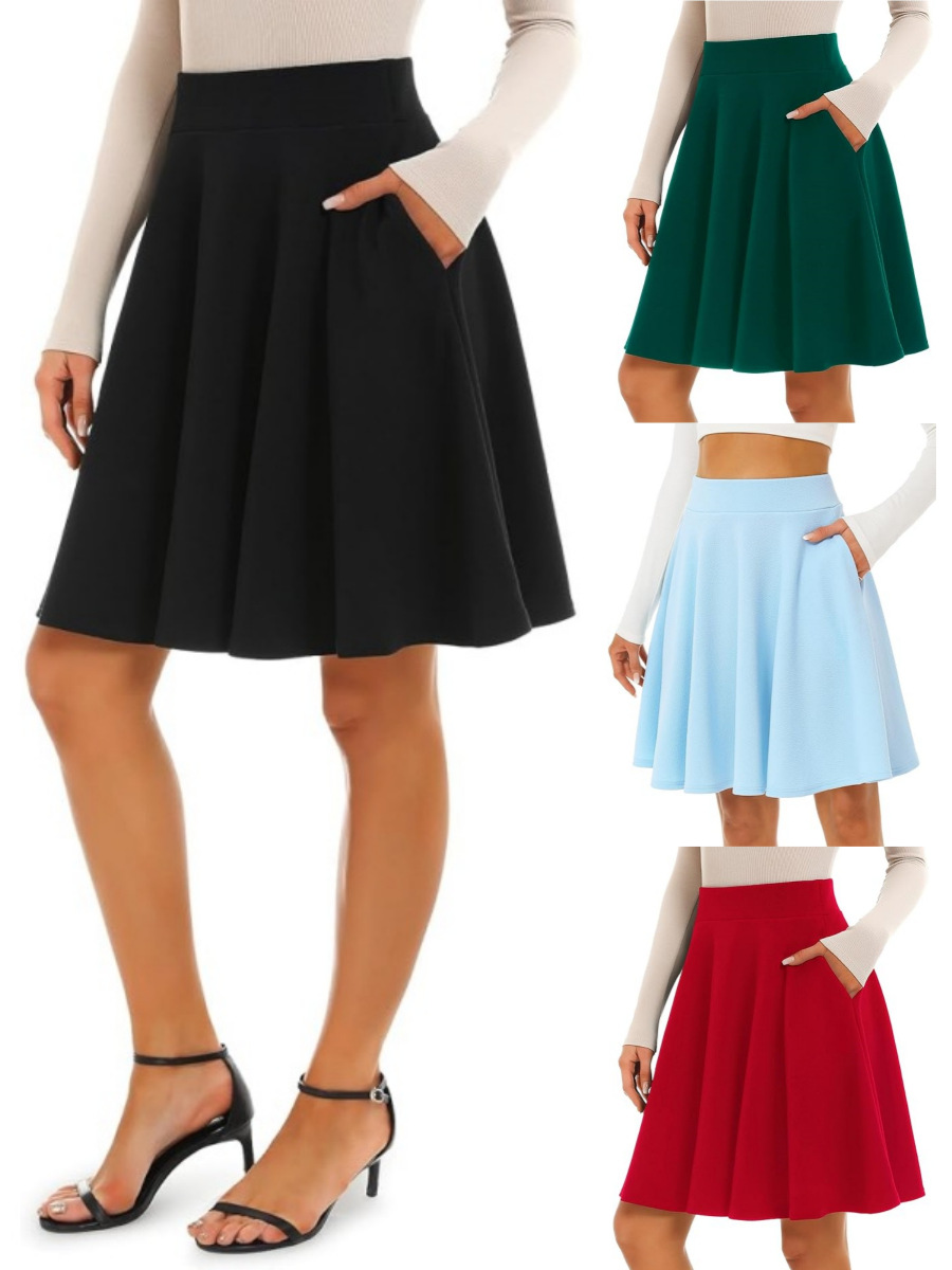 Cross-border European and American Amazon Fashion Women's Casual Basic Mid-length Skirt Elastic A- line Skirt Trumpet Pleated Knee Long Skirt