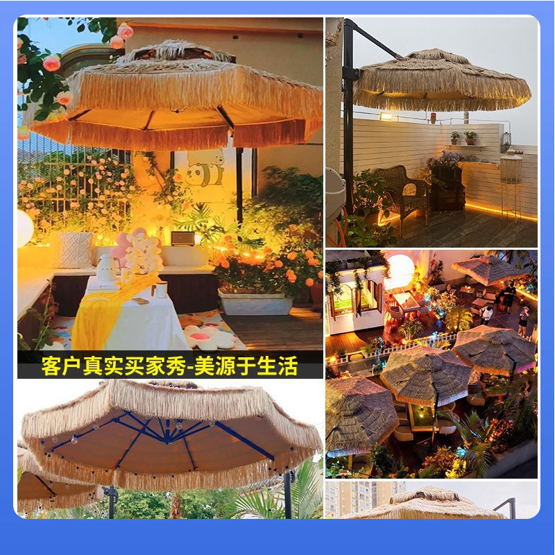 Dx7L Outdoor Thatch Sunshade Umbrella for Courtyard, Villa, Garden, Large Open-Air Half-Canopy Beach Straw Umbrella