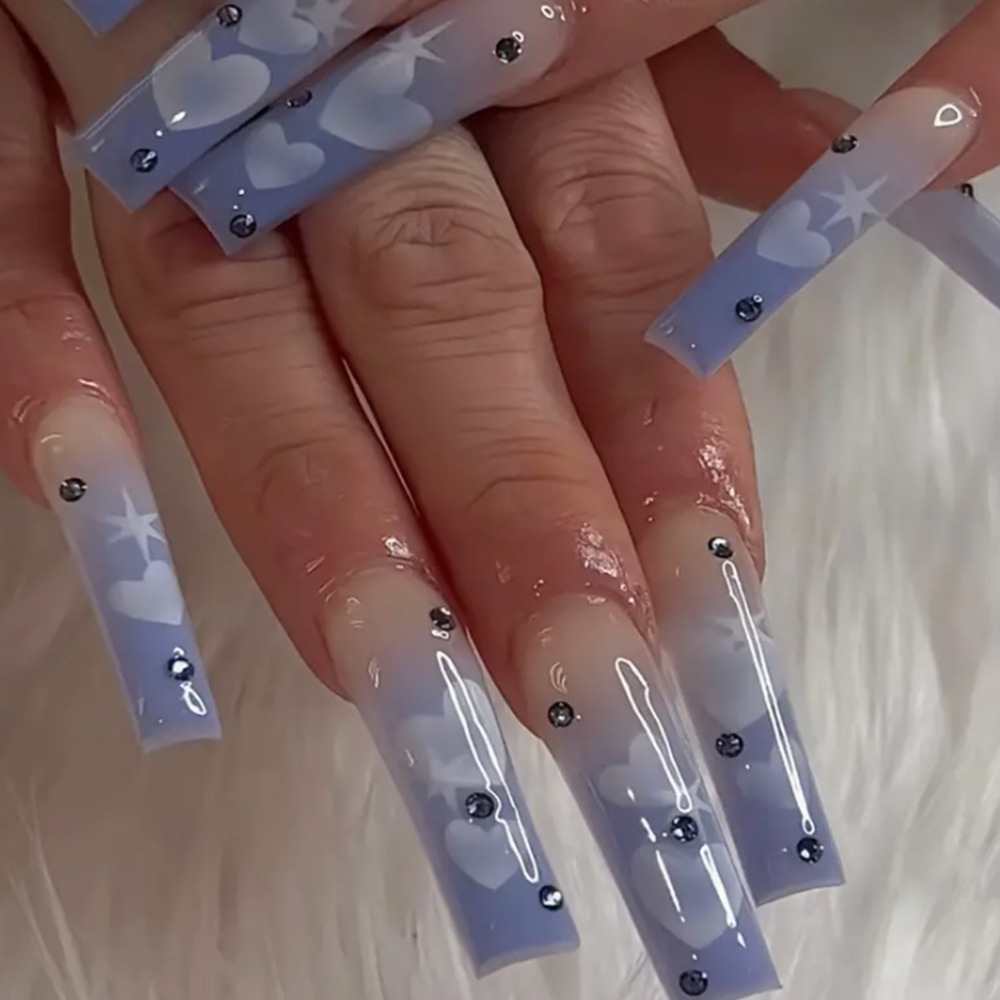 Uñas postizas largas con forma de corazón de melocotón, estilo europeo y americano, con diamantes de imitación, uñas postizas para aplicar