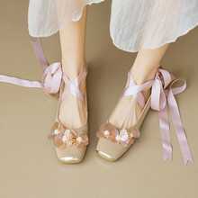 2024春季新款仙女风甜美花朵丝带两穿平跟单鞋方头浅口女鞋时装鞋