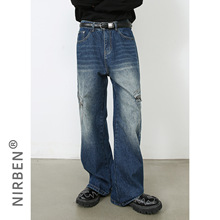 nirben牛仔|新品美式宽松直筒阔腿牛仔裤个性口袋设计潮牌男裤