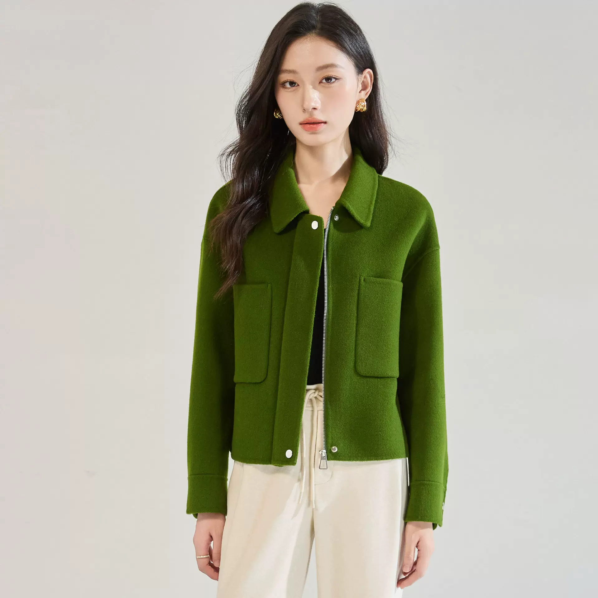 25秋冬简约通勤气质羊毛双面呢翻领短外套休闲夹克毛呢大衣25611