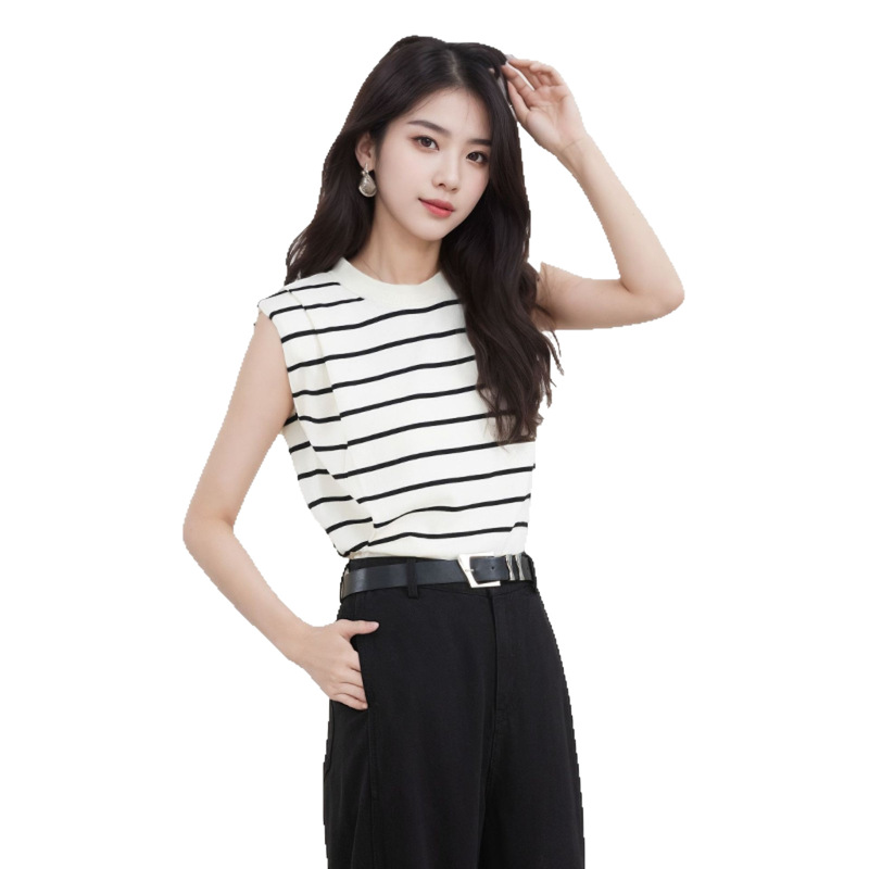 トップス夏の女性のリヨセルテンセルセーターベストハイエンドストライプベストベストアウターノースリーブTシャツ|undefined