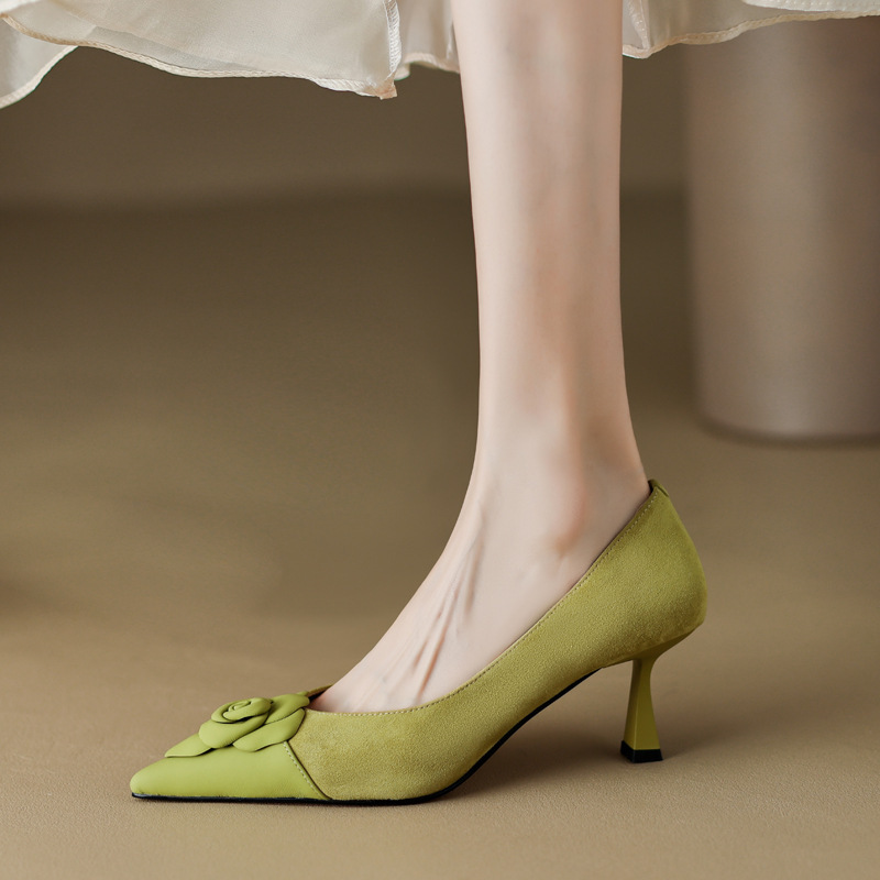 Korean Style Fresh and Elegant Flower Stiletto Heels 2023 Spring Sheep Turning Leather Suede Stitching Pointed Toe Shallow Mouth Single-layer Shoes for Women
