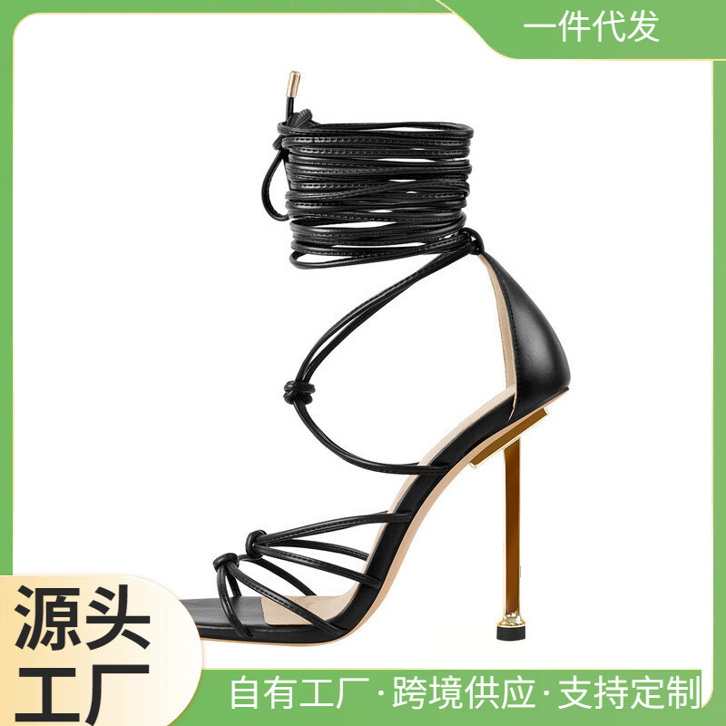 Amazon square toe sandal heel foreign trade ankle new stiletto heel 2023 metal with black strap sandals