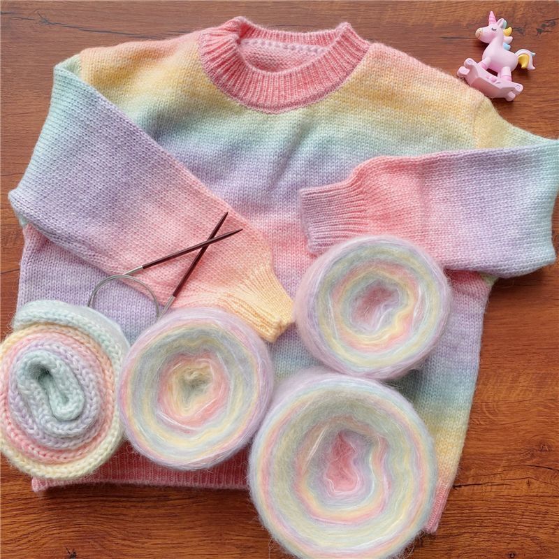 Colorido degradado de color arco iris DIY tejido a mano flor pastel terciopelo gato bebé bola de lana precio al por mayor oferta especial