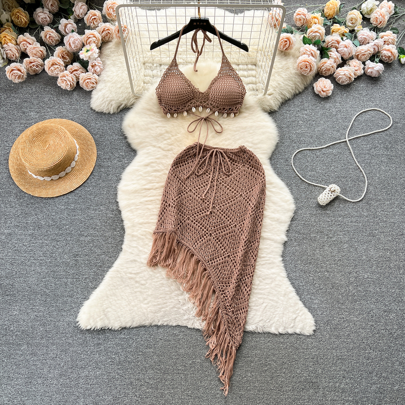 Ins Holiday Style Set Women's Design Bikini Halter Vest All-match Tassel Skirt Knitted Two-piece Set