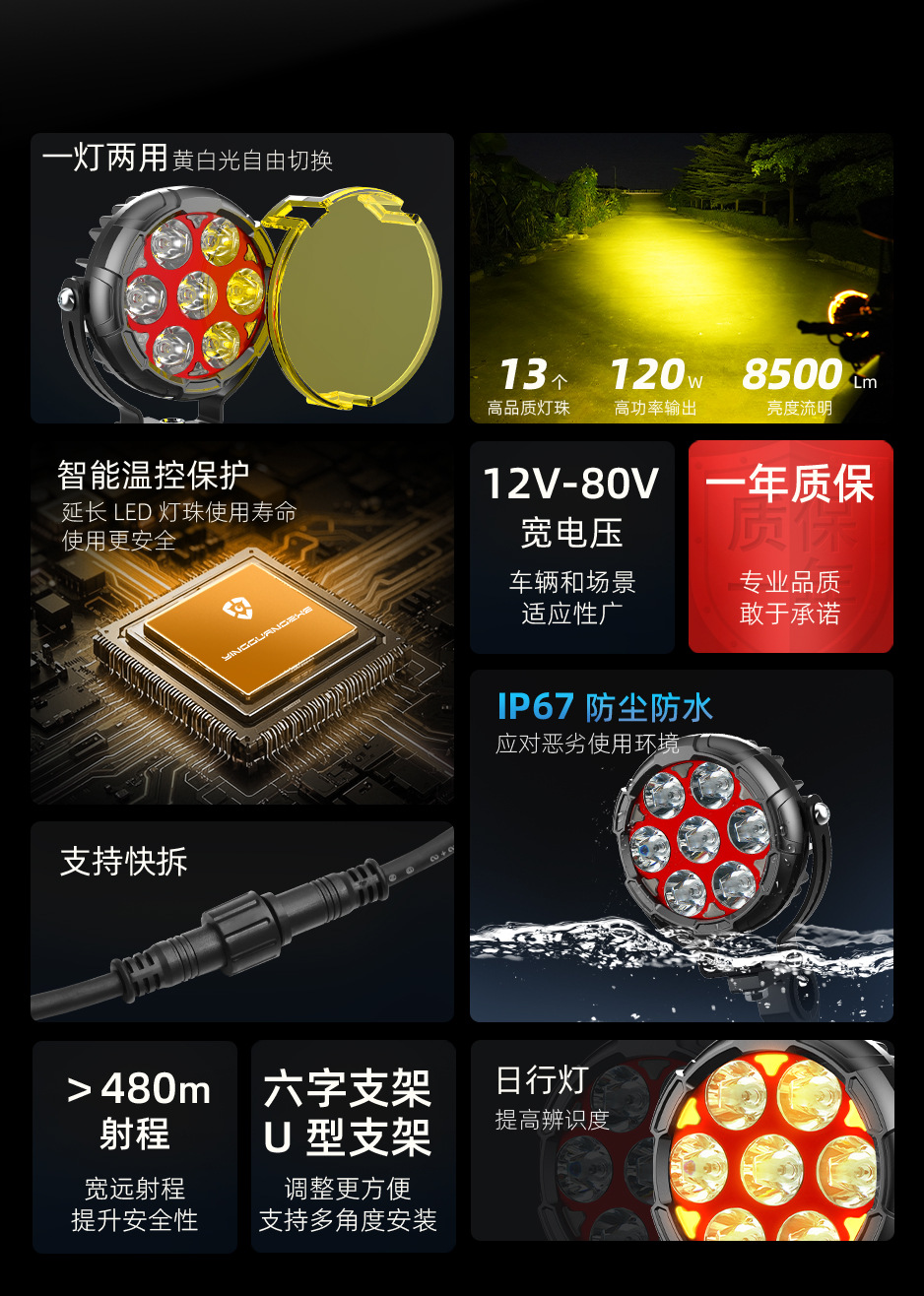 Motorcycle Seven-Bead Spotlight with Quick-Release Cable, Daytime Running Light, Horn, Flashing Led for Motorcycles and Electric Vehicles, Cross-Border Export