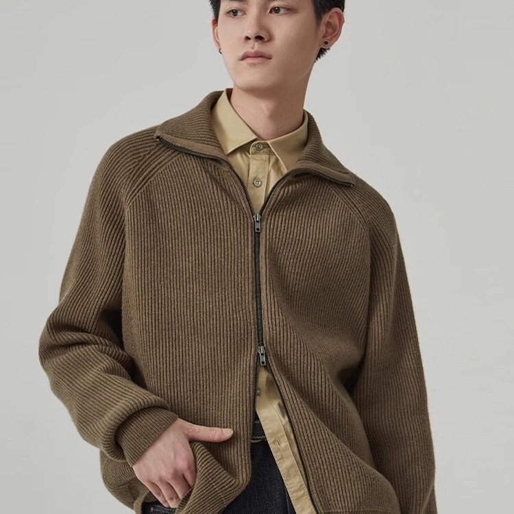 Men's Cardigan Sweater, Spring and Autumn Style, Japanese Retro Loose Lazy Style Knitwear, Versatile Zip-Up Sweater Jacket