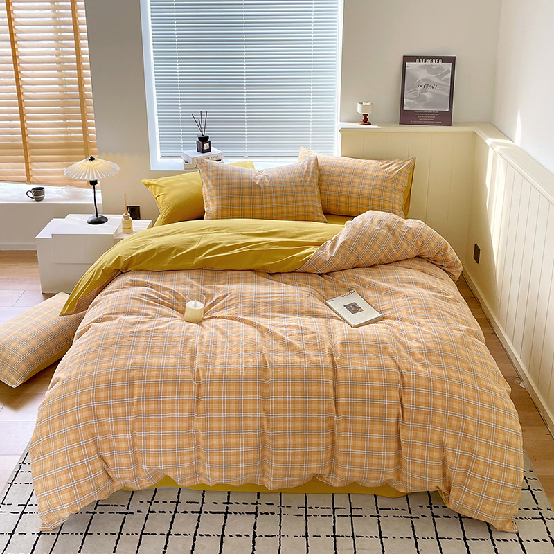 Juego de tres piezas de algodón lavado teñido en hilo, dormitorio de estudiantes universitarios, juego de literas, sábana, sábana, sábana, juego de cuatro piezas