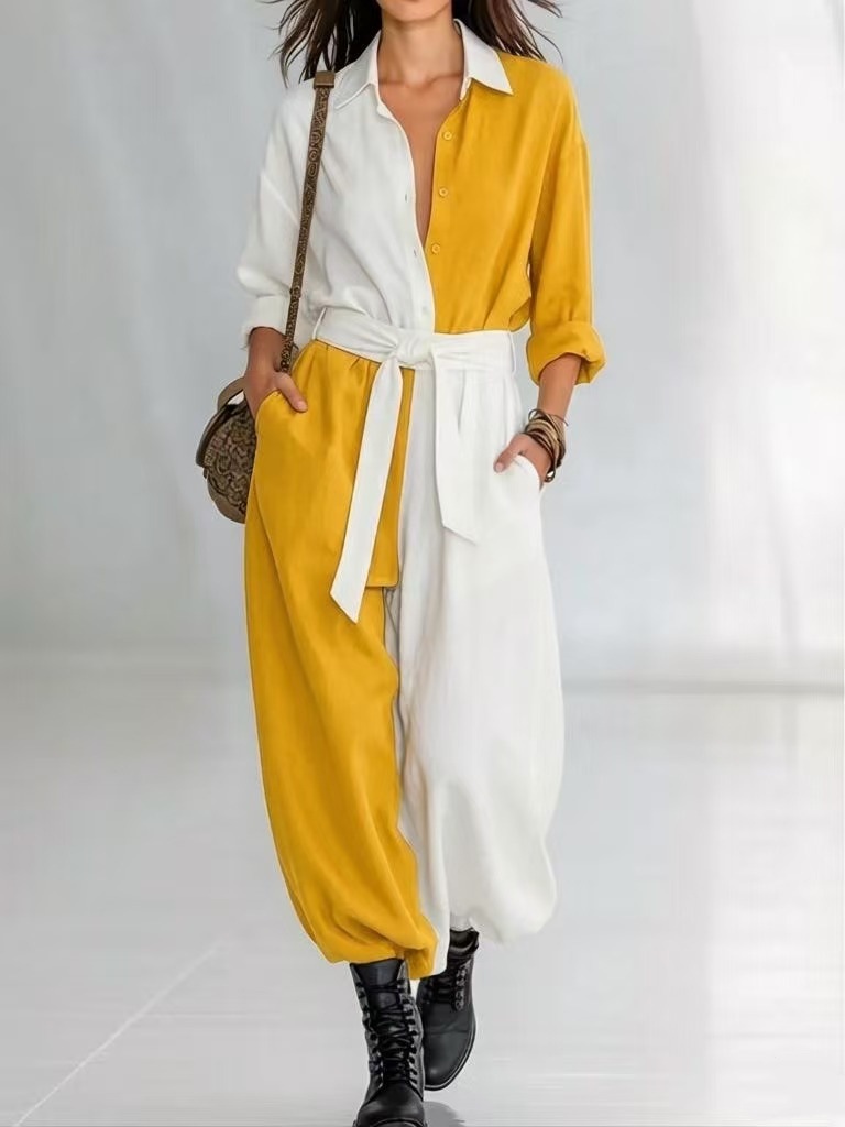 Damen Jumpsuit Mit Langarm Patchwork Und Gürtel Für Den Frühling_voghion.com