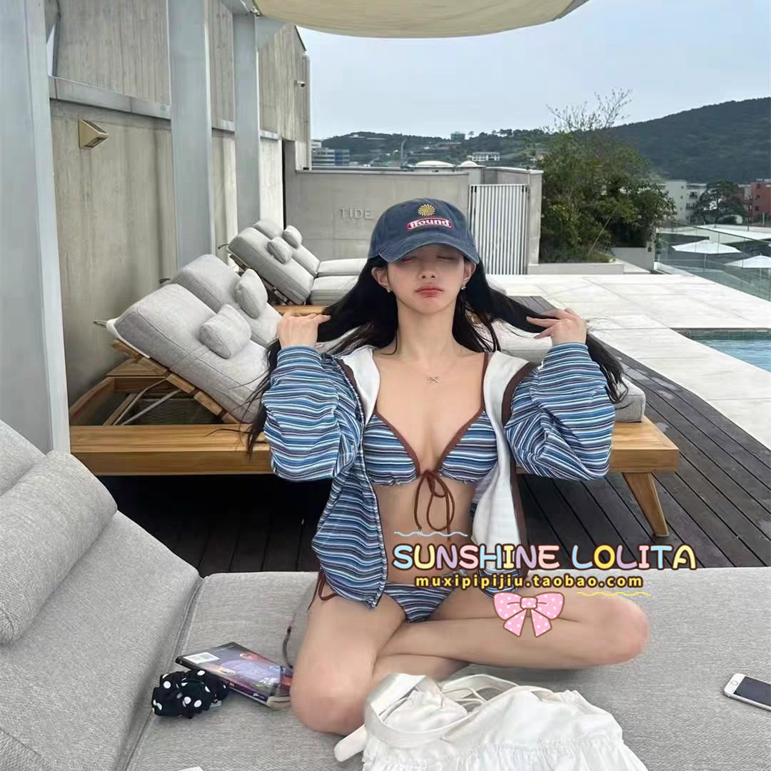 Original Manufacturer Blue Striped Sexy Bikini Two-Piece Swimsuit for Women, Pure Desire, Small Bust, Push-Up, Sexy, Beach, Hot Spring, Summer