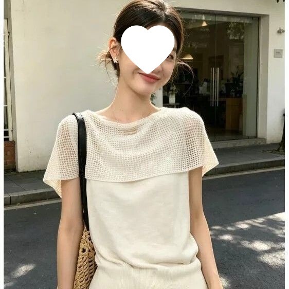 Korean-Style Shawl Collar Knit Sweater for Women, Summer Style, Cape Design, Slim Fit, Short-Sleeve, Gentle Style Top