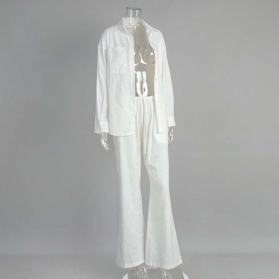Bộ sơ mi dài tay cổ bẻ phối quần ống rộng dáng suông chất cotton — Màu cà phê, Màu cà phê nhạt, Màu kaki, Màu mơ chi tiết 7