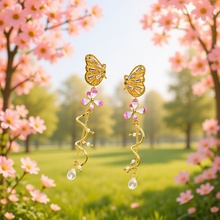 长款金色蝴蝶花朵水晶耳坠批发高级感轻奢耳饰童话公主风流苏耳环