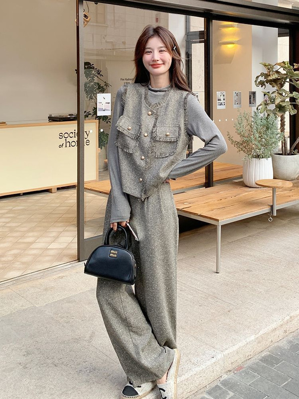 法式流苏边小香风马甲套装女春秋2025新款感气质阔腿裤两件套纯色|undefined