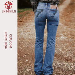 跨境欧美外贸女蓝色后口袋刺绣宽松宽脚口弹力牛仔裤WOMEN JENAS
