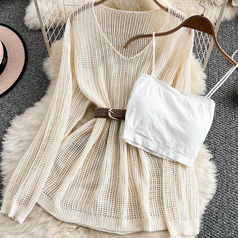 Lazy Style Outerwear with Waist-Cinching Hollow Mesh Long-Sleeve Knit Cardigan Top for Women, Summer Set with Padded Camisole Tank Top