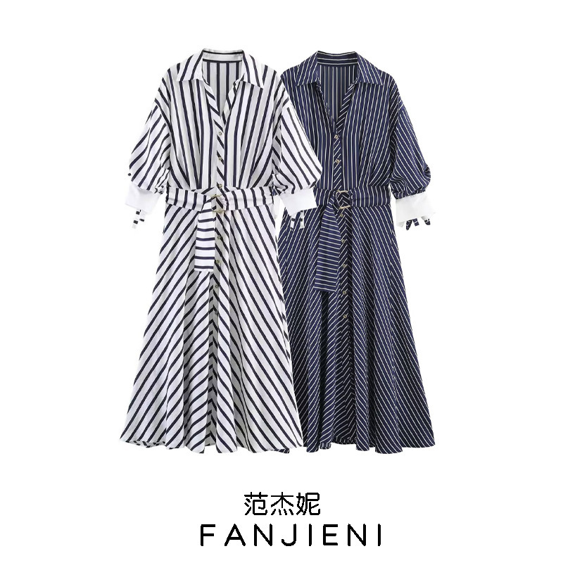 Zr Foreign Trade Wholesale European and American Style Women's Fashionable and Elegant Striped Midi Dress with Belt 5029252