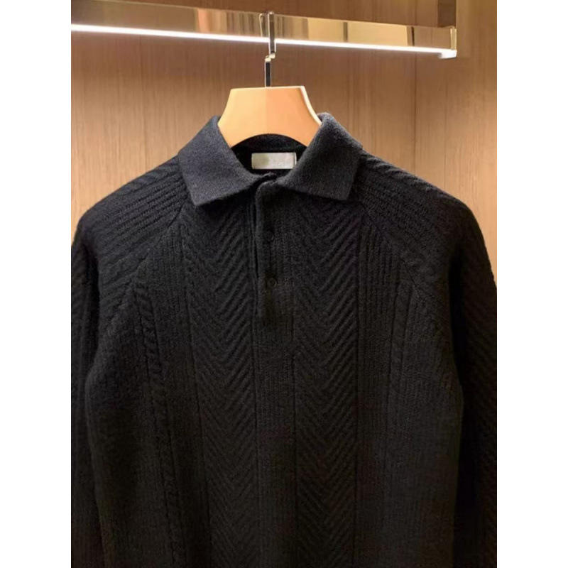 Herrenbekleidung Retro Minimalistischer Jacquard Textur Revers Pullover Top Einfarbig Schmaler Pullover für Herren_voghion.com