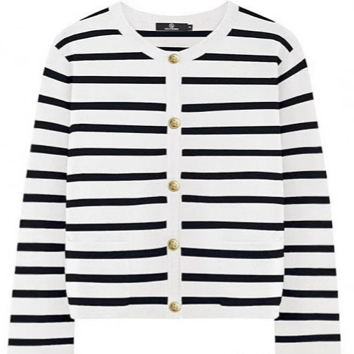 TW Pooh Spring and Autumn Foreign Trade Stars Striped Contrast Stitching Button Pocket Knitted Cardigan Sweater Jacket