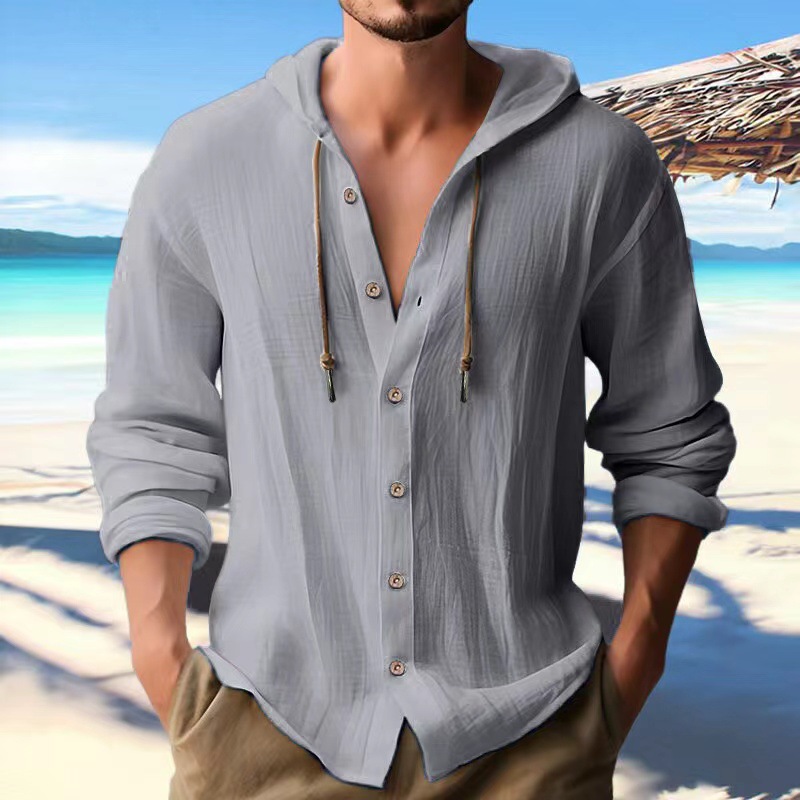 Maglietta sportiva da uomo a maniche lunghe, con cappuccio in lino di cotone, alla moda, comoda e versatile, da spiaggia_voghion.com