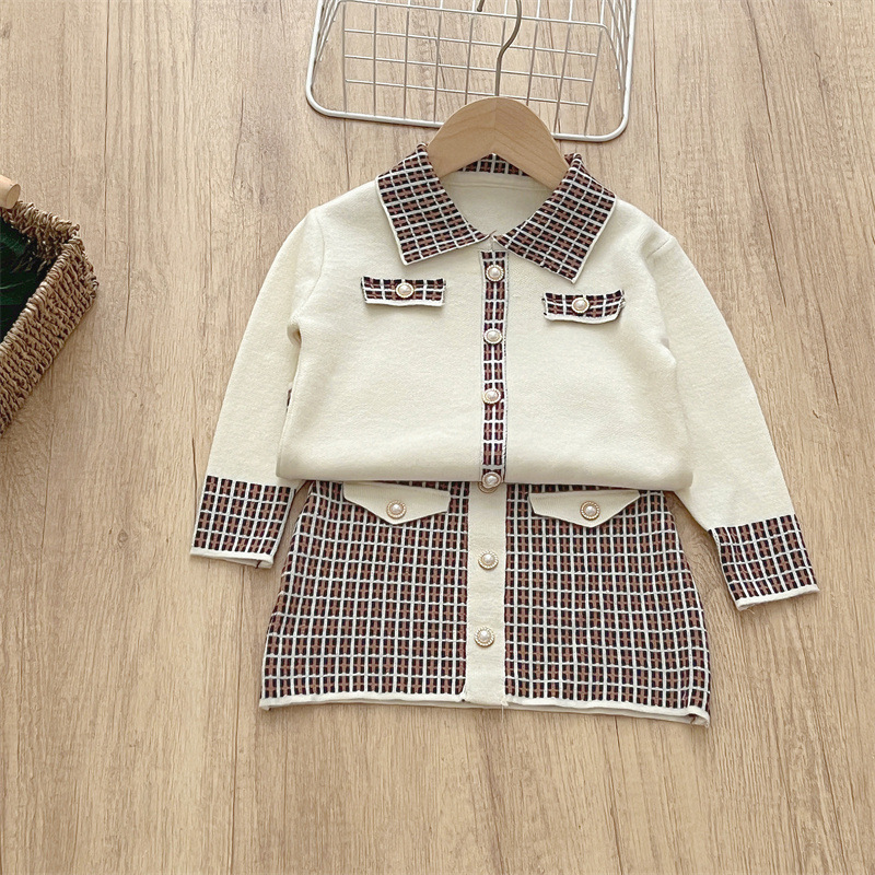 JINYONG Set avvolgente con collo alto profumato lavorato a maglia da ragazza con gonna corta cardigan a quadretti maglione per bambini_voghion.com