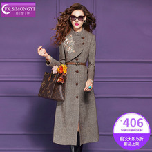 菲梦伊原创含羊毛绣花毛呢外套女秋冬季设计感加厚收腰中长款大衣