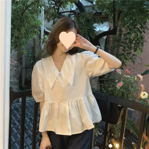 Summer Korean Version 2025 Slimming Fashion Youthful Splicing Black Baby Collar Bubbles Short Sleeve Blouse Top for Women