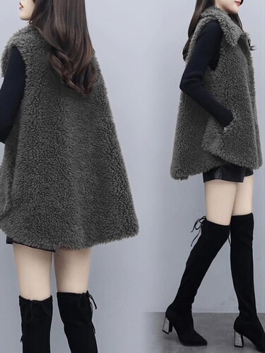 Women's New Autumn/Winter Faux Lamb Fleece Vests, Long-Sleeve Loose Peacoat Jacket
