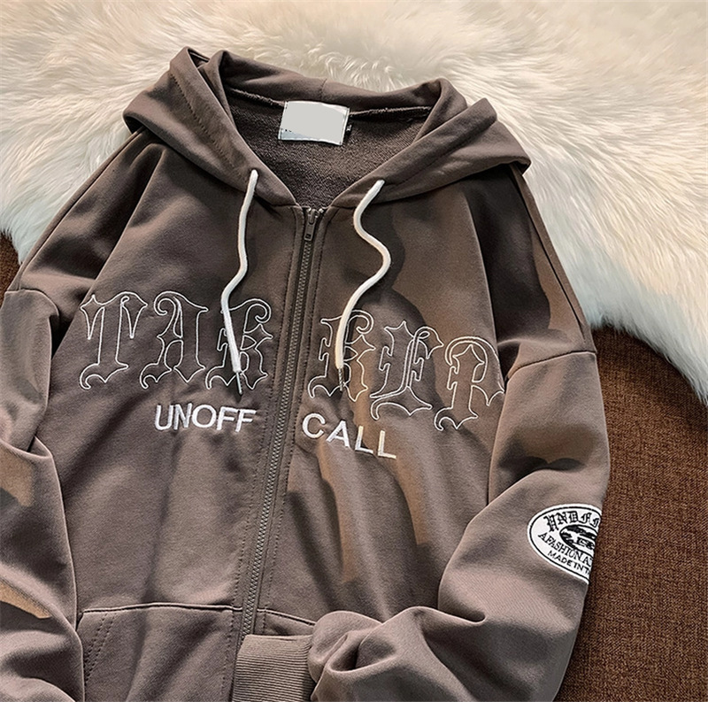  Abbigliamento da donna giacca cardigan in felpa casual allentata con tasca con cappuccio ricamata con lettera retrò_voghion.com