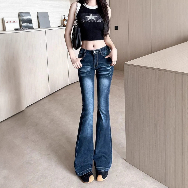 American Retro Washed Flared Jeans for Women, Low Waist, Slim Fit, Height-Enhancing, Versatile, Floor-Length Bootcut Pants
