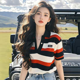 条纹冰丝短袖T恤女2025新款夏季爆款polo领针织衫超好看独特上衣