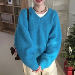 毛衣女2025秋冬季韩系温柔风复古v领宽松休闲针织加厚打底衫上衣