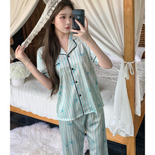 蓝色条纹冰丝睡衣女款夏季维密风短袖薄款高级感可外穿凉感家居服