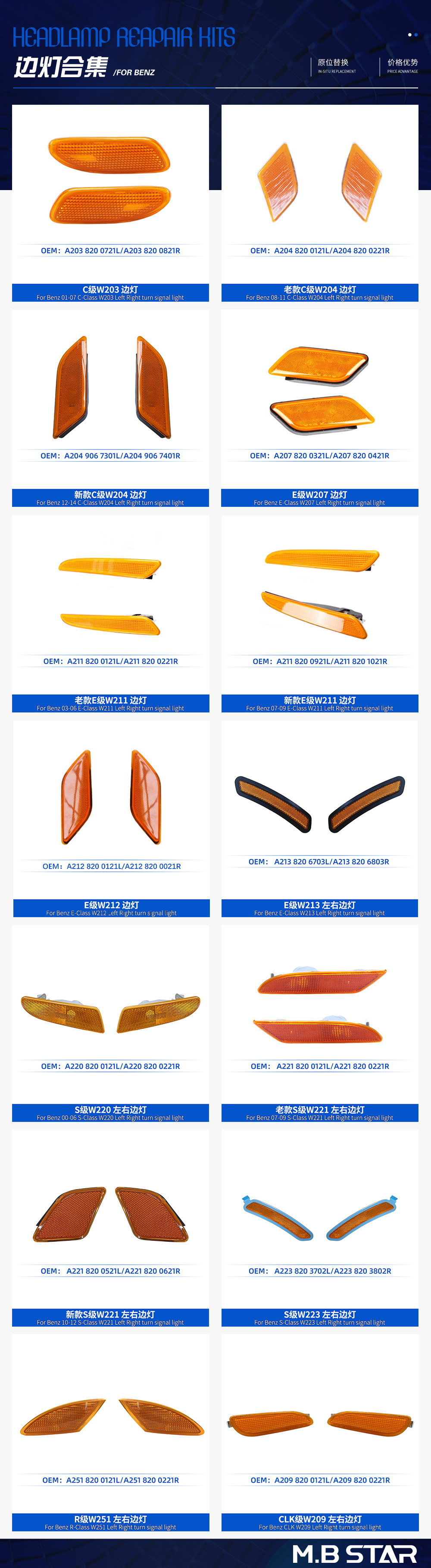Applicable to E-Class W212 10-13 Yellow Bar Lights, Side Bar Lights, Turn Signal Lights 2128200121 2128200021
