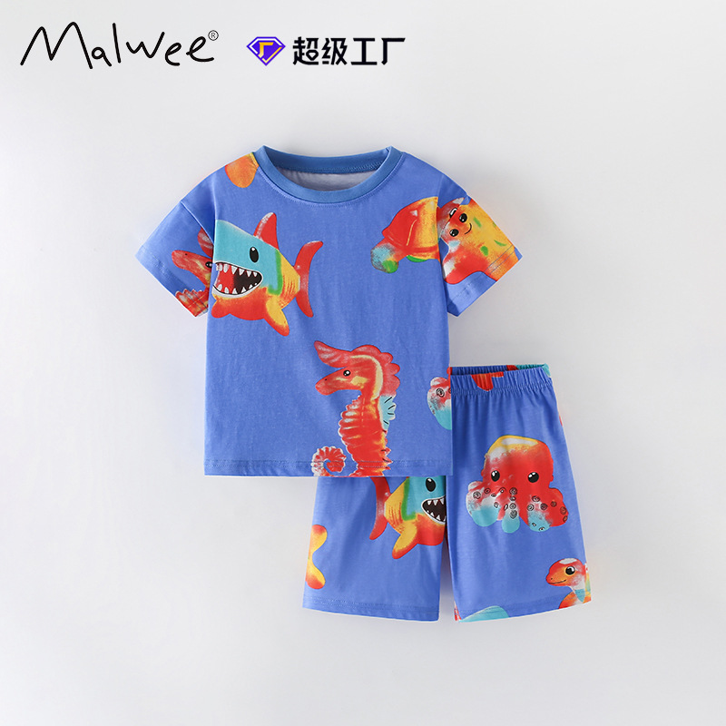 Malwee Niño dos piezas de verano nuevo estilo europeo y americano niño de cuello redondo mangas cortas guapo niño pequeño traje casual