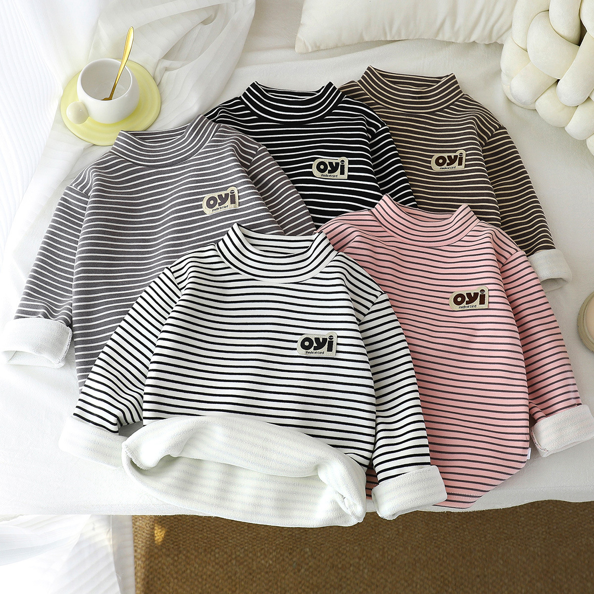 Children's Fleece-Lined Thickened Tops, Boys' and Girls' Base Shirts, Warm Half-High Collar Winter Striped Versatile Fleece Jackets for Older Children