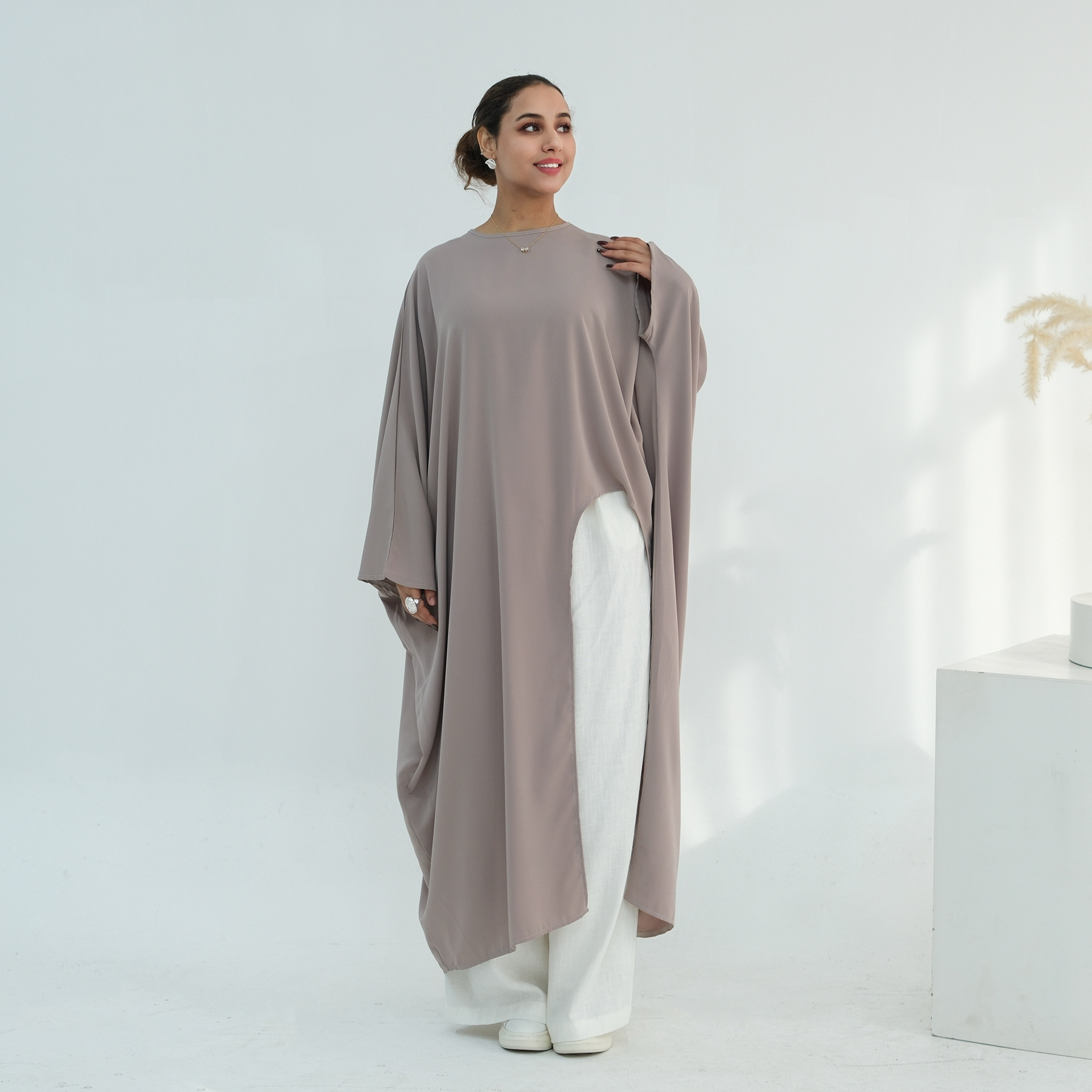 Voya Women's Oversized Modest Robe - Loose Fit Asymmetric Top With Crew Neck, Solid Color Longline Cardigan, Casual Loungewear, Elegant Daily Wear,_ecoleips.com