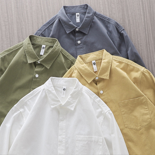 American Heavyweight Long-Sleeve Shirt for Men  Autumn Loose Fit Pure Cotton Slim Shirt Solid White Collar Shirt Outerwear