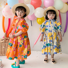 Little Girl Floral Print Summer Dress with Bubble Sleeves Kids' Dress 3-8 Years Old, Dropshipping One Piece