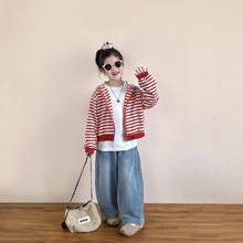 2025秋装女童红色条纹可爱耳朵连帽短款卫衣卡通印花拉链开衫外套