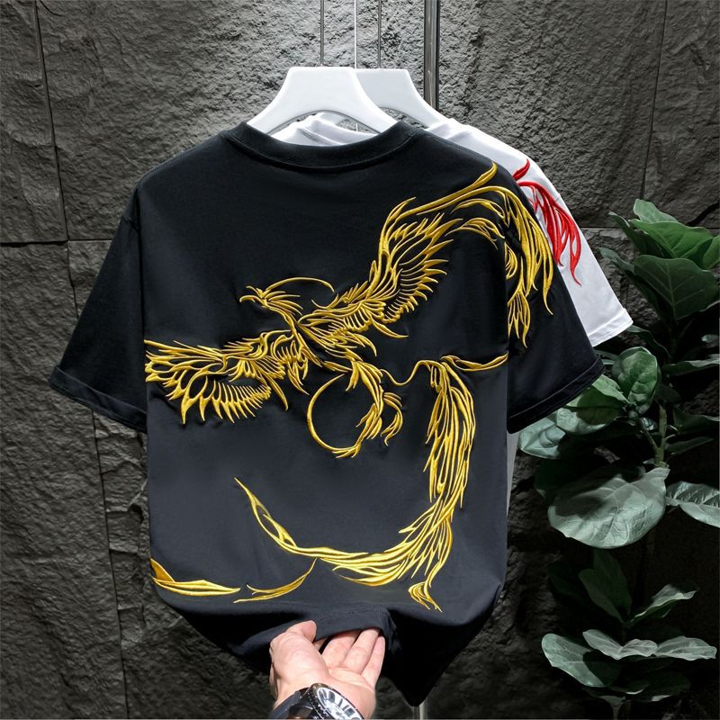 Men's Clothing Men's Phoenix Embroidered T-Shirt Heavy Duty Short Sleeve Round Neck National Trend Light Luxury Top Style Trendy Youth_viptrois.com