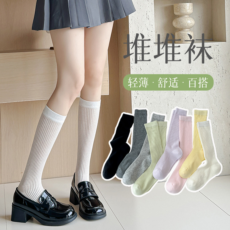 Socks women's spring and summer thin ballet style calf socks piled socks breathable mesh versatile stockings with small leather shoes