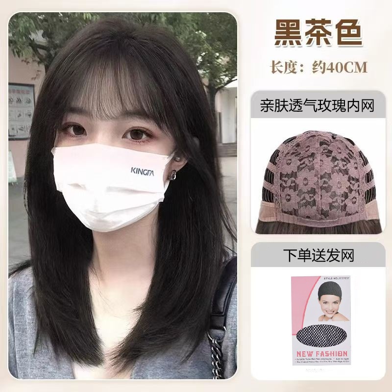 Machine-made bangs and collarbone hair [brown black] + hair net